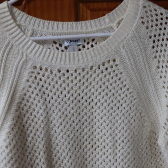 Old Navy White Open Knit Pullover Crewneck Sweater Large Lightweight Top - Picture 3 of 9